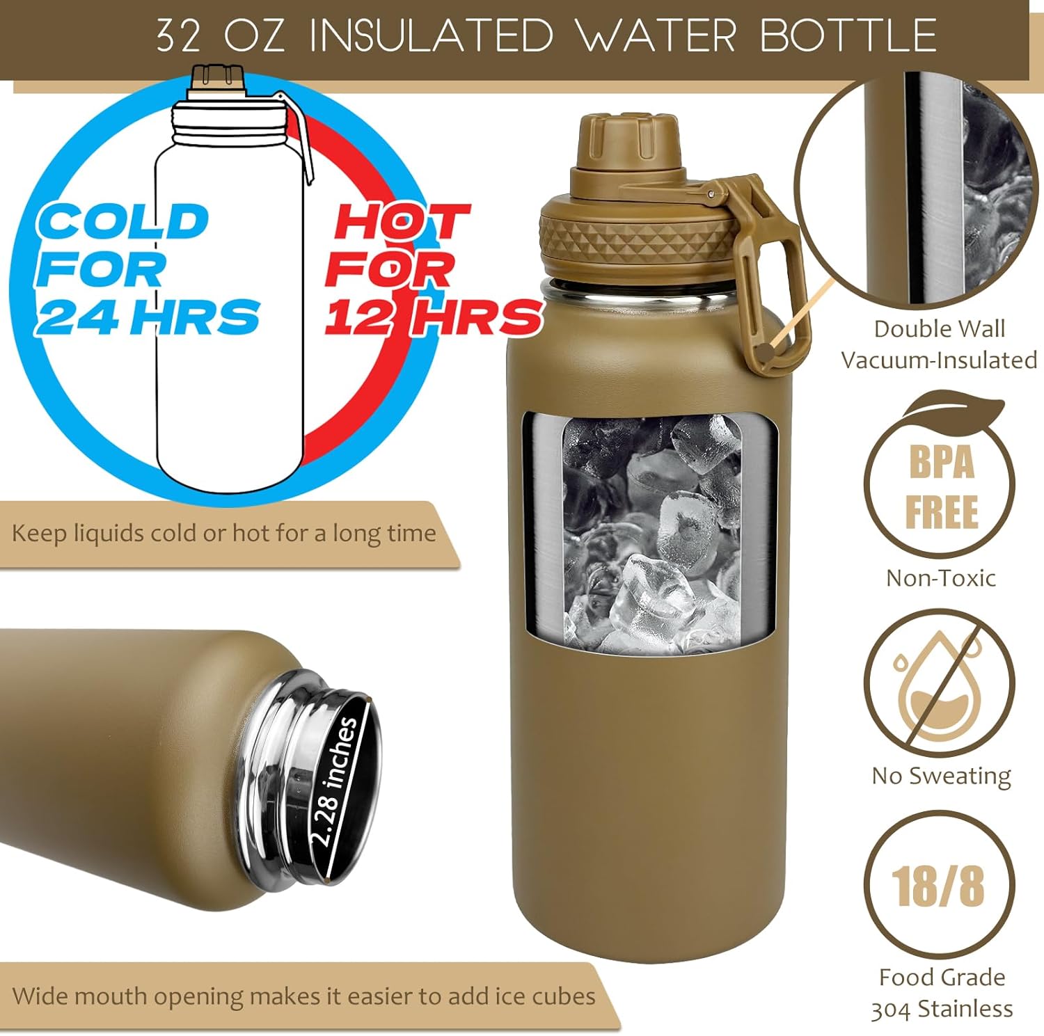 32 Oz Water Bottle with Sleeve - Insulated Bottle with Strap Stainless Steel Gym Water Bottles for Men Sports Workout Hiking Khaki - Image 2