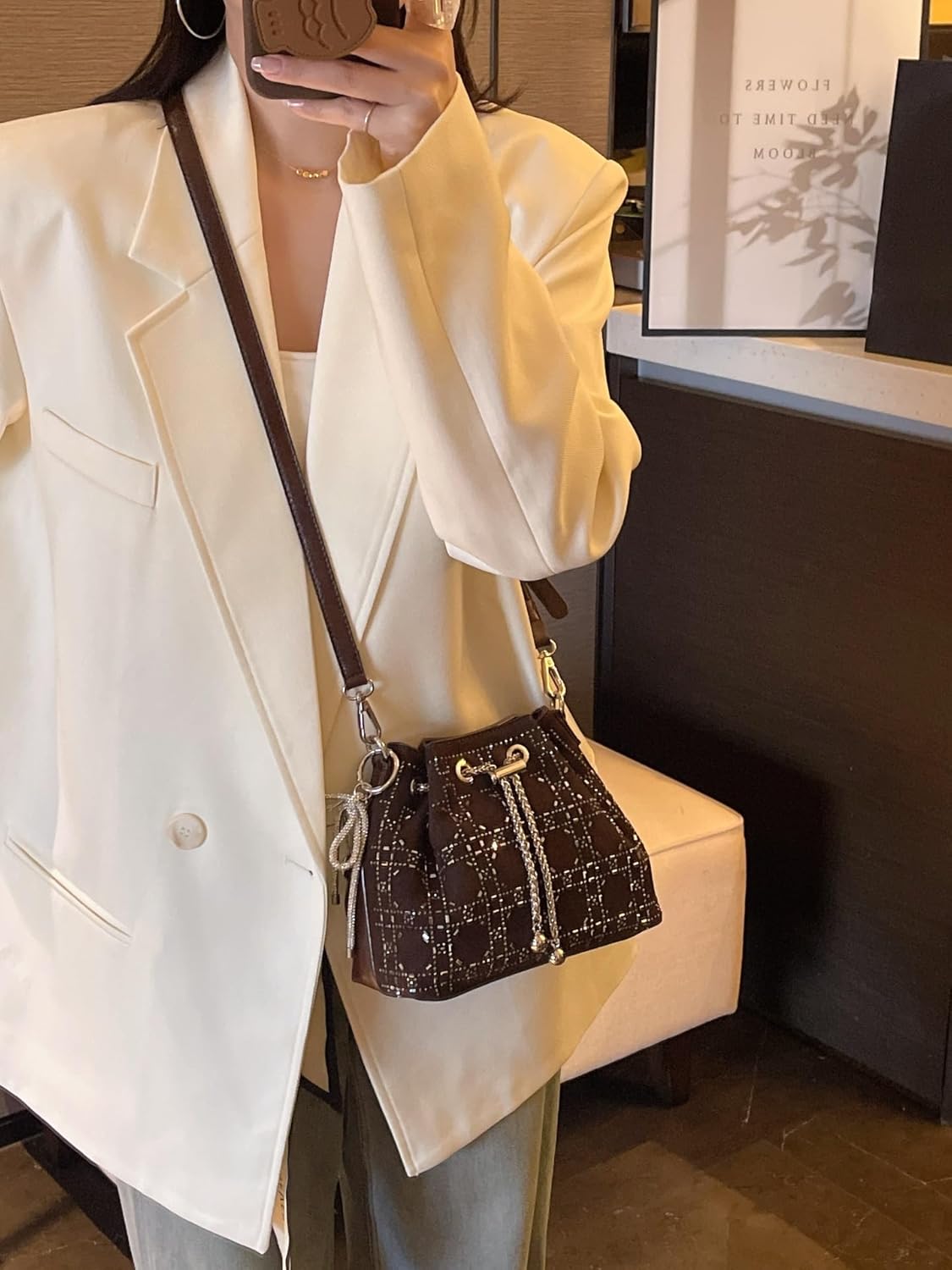 Women's Black Crystal Embellished Plaid Drawstring Bucket Bag with Adjustable Shoulder Strap Evening Handbag