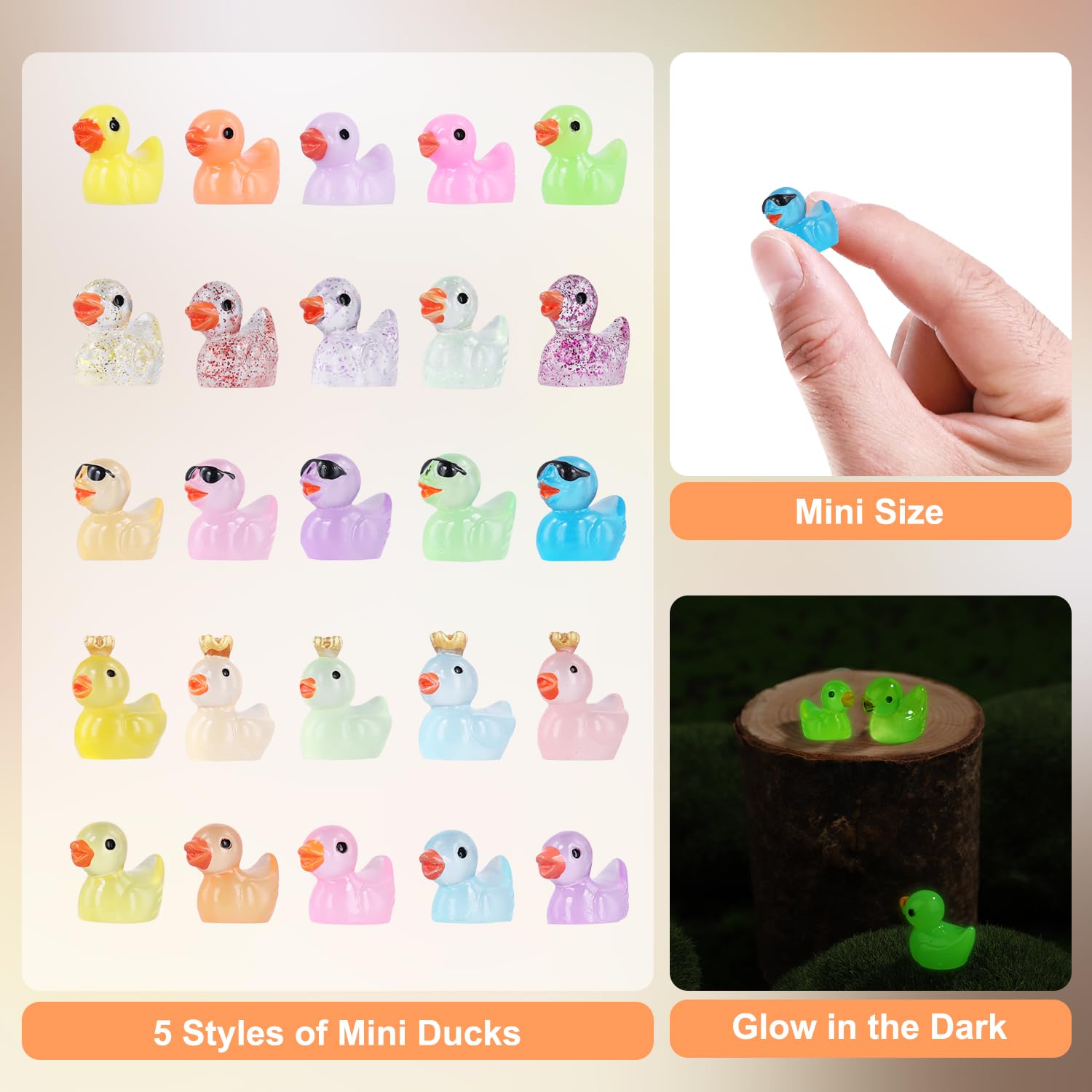 125pcs Mini Luminous Resin Ducks, 5 Styles Cute Colorful Miniature Resin Duck Toy with Sunglasses Crown Decor, Tiny Miniature Small Figures Duck Accessories for Dollhouses Landscapes Game DIY Crafts - Image 4