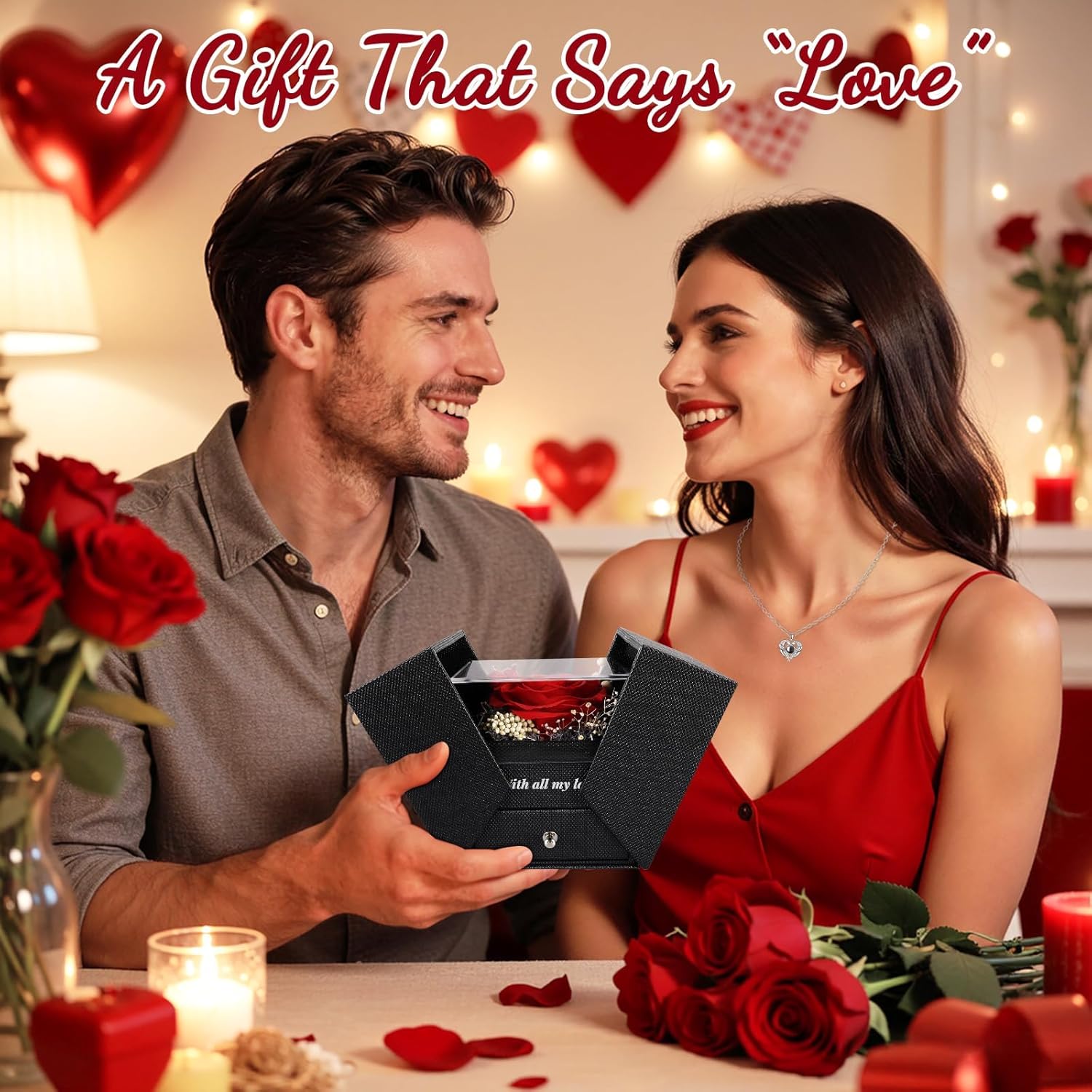 TranquilBliss Preserved Real Red Rose Gift Box with Heart Necklace, “I Love You” in 100 Languages, Romantic Gift for Wife or Girlfriend, Birthday, Anniversary or Special Occasion Gift for Her