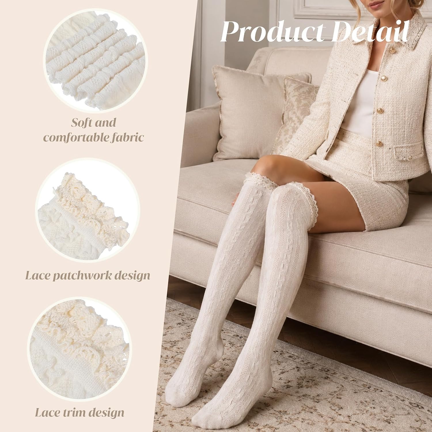 White Lace Knee High Socks for Boots, Thigh High Socks for Women
