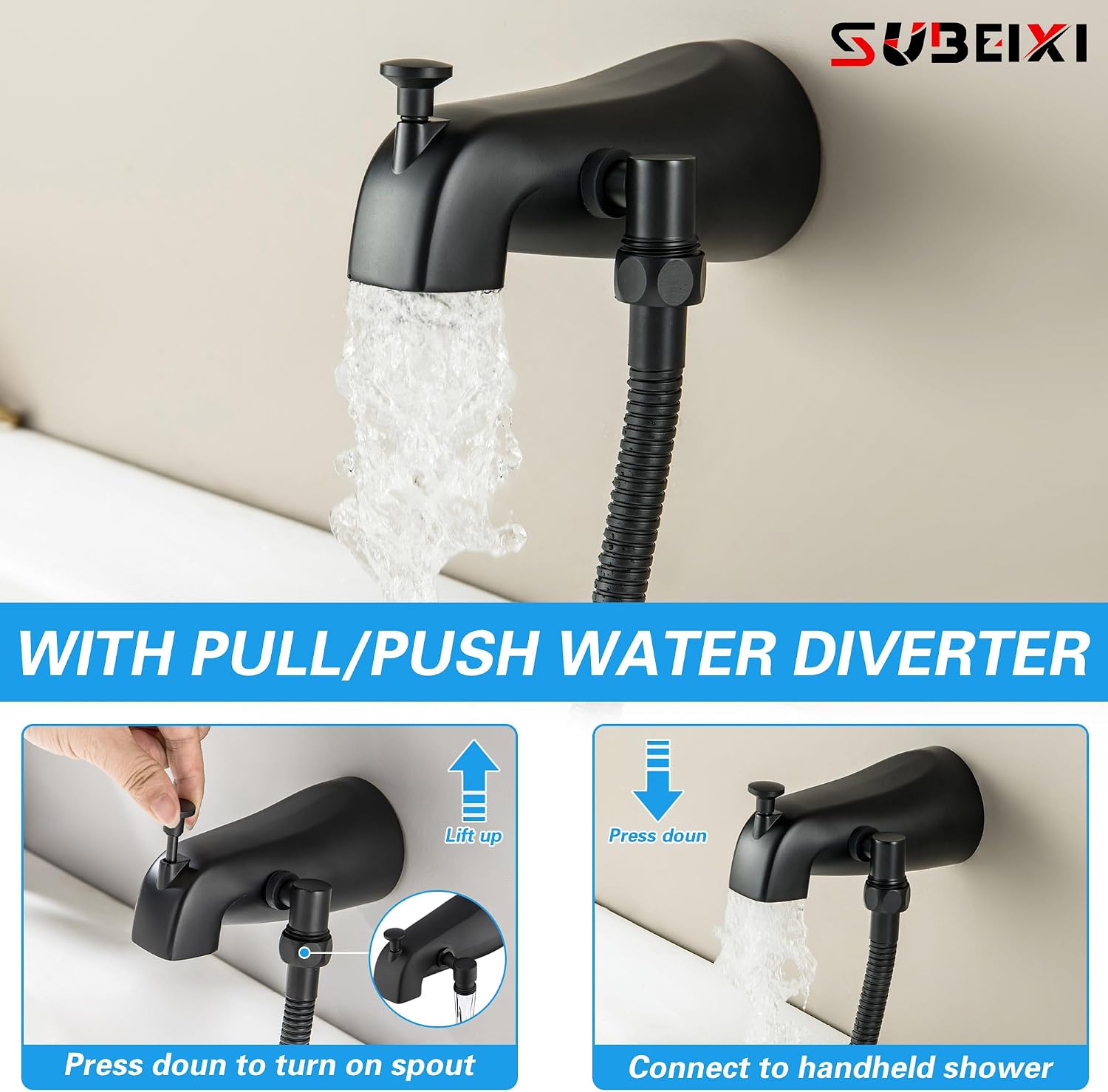 Black Tub Spout with Diverter,10 Settings High Pressure Hand held Shower with ON/OFF Pause Switch, All Metal Bathtub Faucet with Sprayer