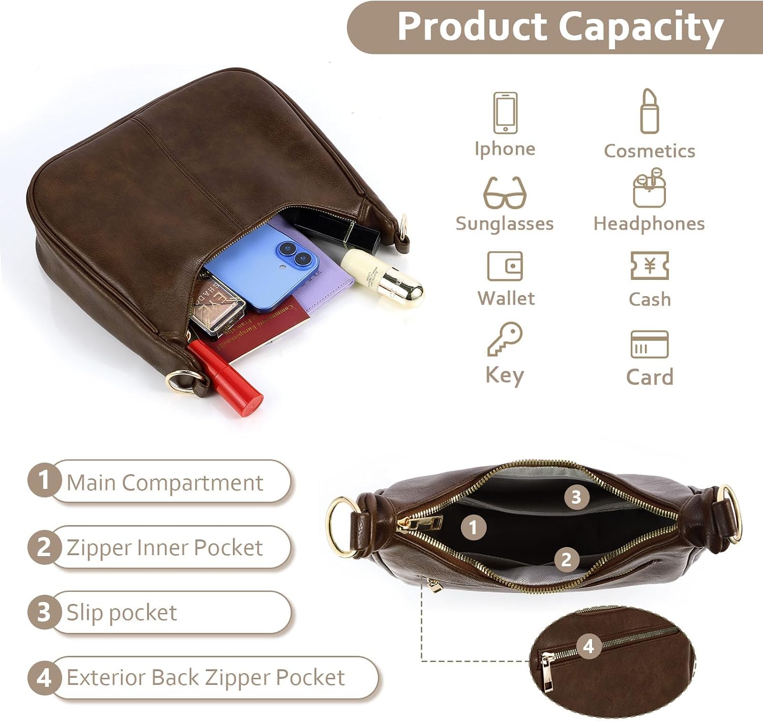 Hobo Bags for Women - Slouchy Leather Crossbody Bag with Zippered Back Pocket Adjustable Strap