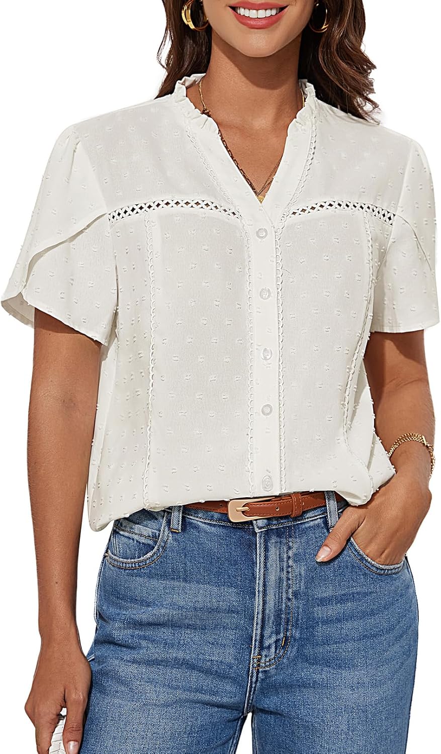 GRACE KARIN Women’s Summer Henley Shirt V-Neck Button-Up Work Tunic Top Short Petal Sleeve Blouse