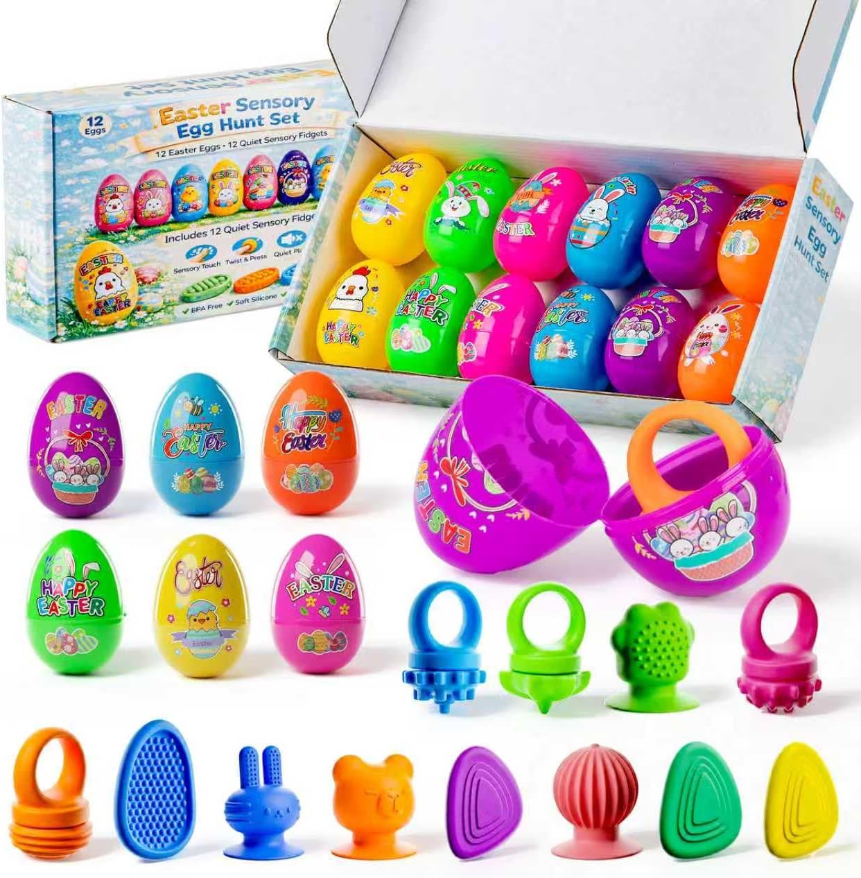 Easter Basket Stuffers, Prefilled Easter Eggs with Quiet Sensory Fidgets, Textured Stone & Suction Toys & Spinner Ring for Kids Calming, Autism Anxiety Tools Classroom Prizes (12 PCS)