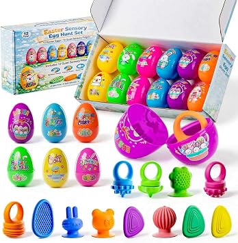 Easter Basket Stuffers, Prefilled Easter Eggs with Quiet Sensory Fidgets, Textured Stone & Suction Toys & Spinner Ring for Kids Calming, Autism Anxiety Tools Classroom Prizes 12 PCS