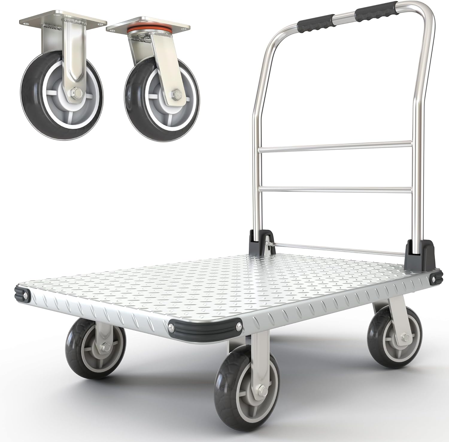 2200 lbs. Capacity Foldable Push Cart Dolly | Moving Platform Hand Truck | Heavy Duty Space Saving Collapsible | Swivel Flat Bed Wagon - Furniture Luggage Lifting 2200 lbs. Capacity Silver