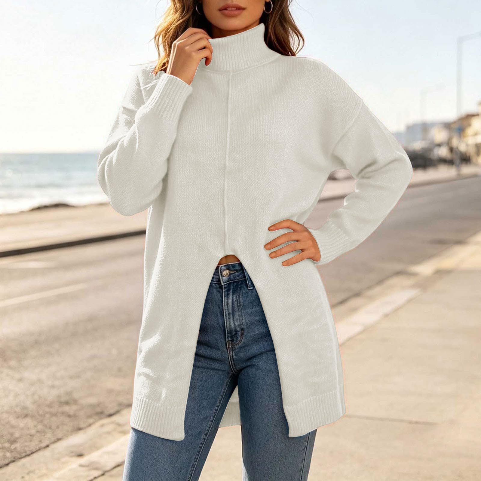Rollkragenpullover Damen Lang Strickpullover Baumwolle Pullover Oversize