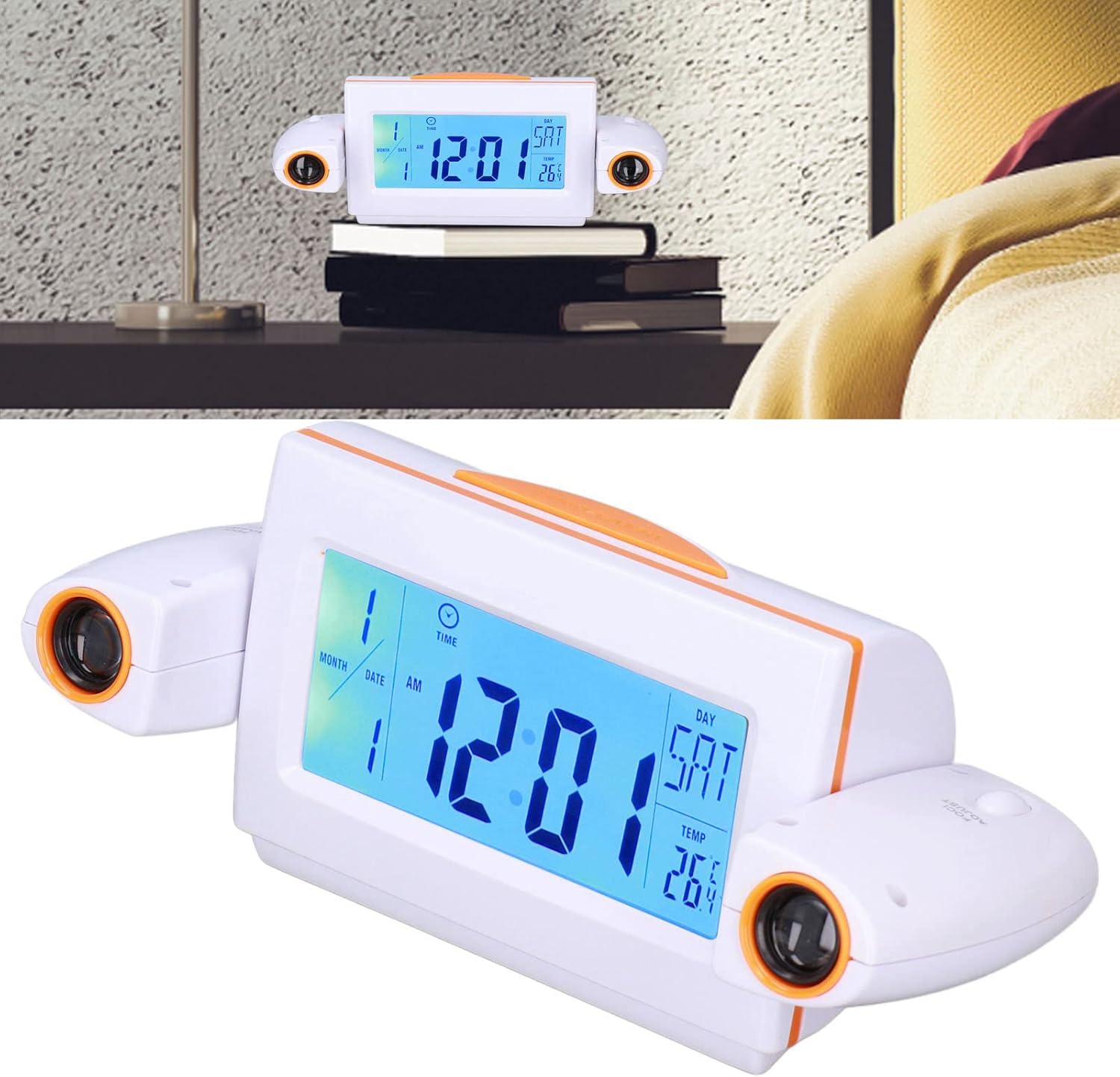 Glareless LED Projection Alarm Clock with Voice Control, Dual Projection, Temperature Display, Ideal Kids and Family, Soft LED Night Light, 12/24 Hour System (White Orange)