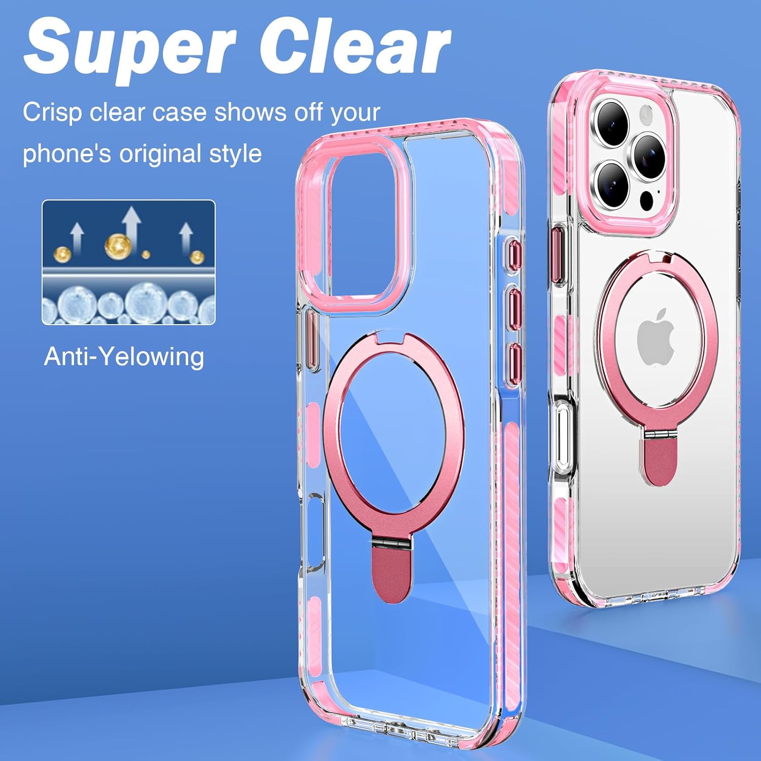 UMIONE for iPhone 16 Pro Max Clear Magnetic case with Stand and Finger Ring, Compatible with magsafe, Shockproof Transparent Hard Plate, Full Body case, Universal for Boys and Girls 6.7 - Pink