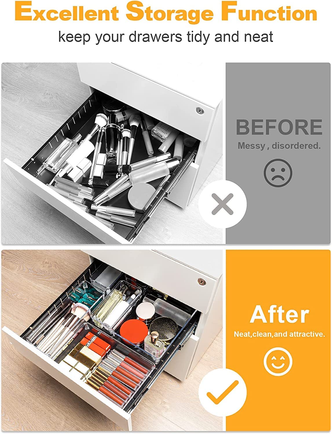 Snazzy 22-Piece Clear Drawer Organizer Trays 7 Sizes Non-Slip Desk Drawer Divider bins 2