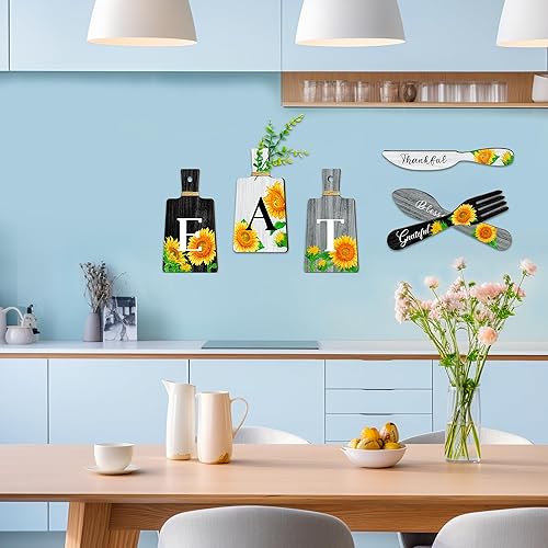 Miniatura 13 de Juego de 6 letreros de girasol para cocina, tenedor y cucharas, decoración de pared de cocina, placas colgantes de madera, arte de pared de granja,