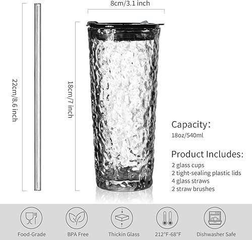 Miniatura 2 de Puraville Paquete de 2 vasos de vidrio de 18 onzas con tapas y pajitas, cristalería gruesa con patrón glaciar vintage para whisky, cóctel, cerveza,