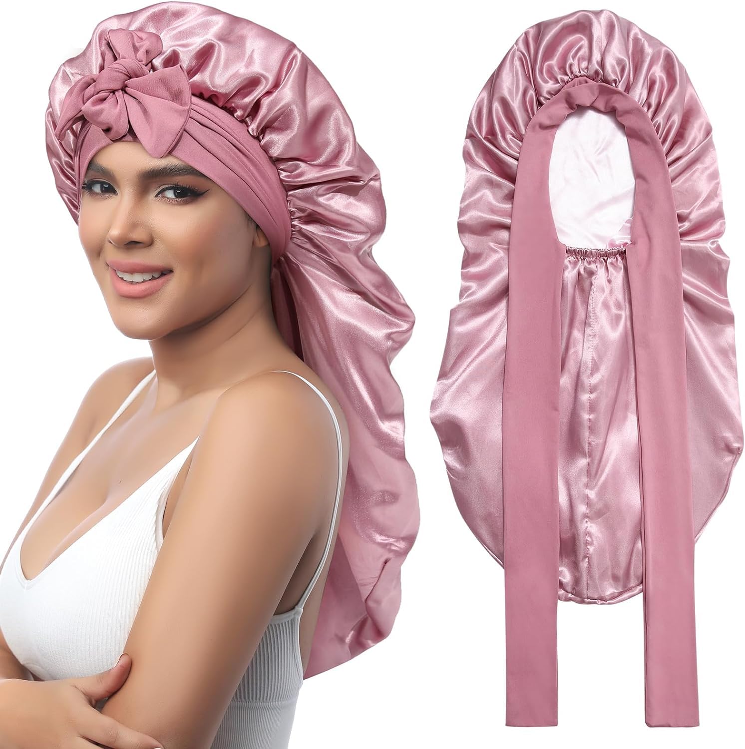 Extra Lange Satin-Haube Für Zöpfe & Langes Haar – 62x30 Cm, Antistatisch, Bunter Pfau