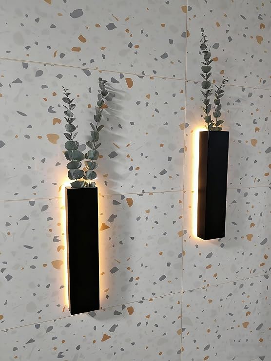 2 Pack Artificial Eucalyptus with LED Lights Wall Planters Rustic Wall Decor with Lights Wall Sconces for Room Decor Home Bedroom Living Room Hanging Vase for Dried Flowers Faux Plants (Black)