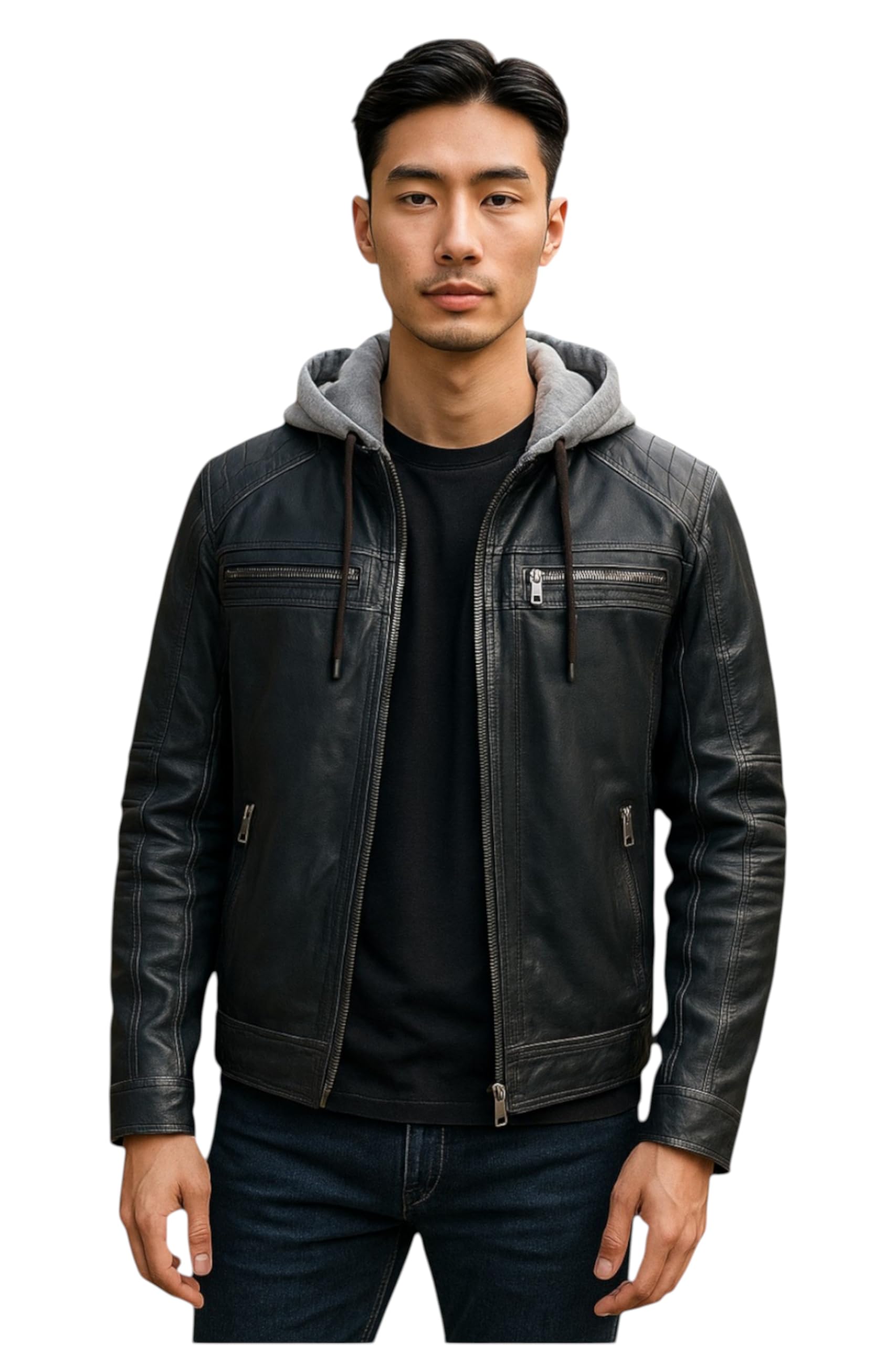 Men's Hooded Navy Blue Biker Real Lamb Leather Slim Motorbike Moto Casual Jacket