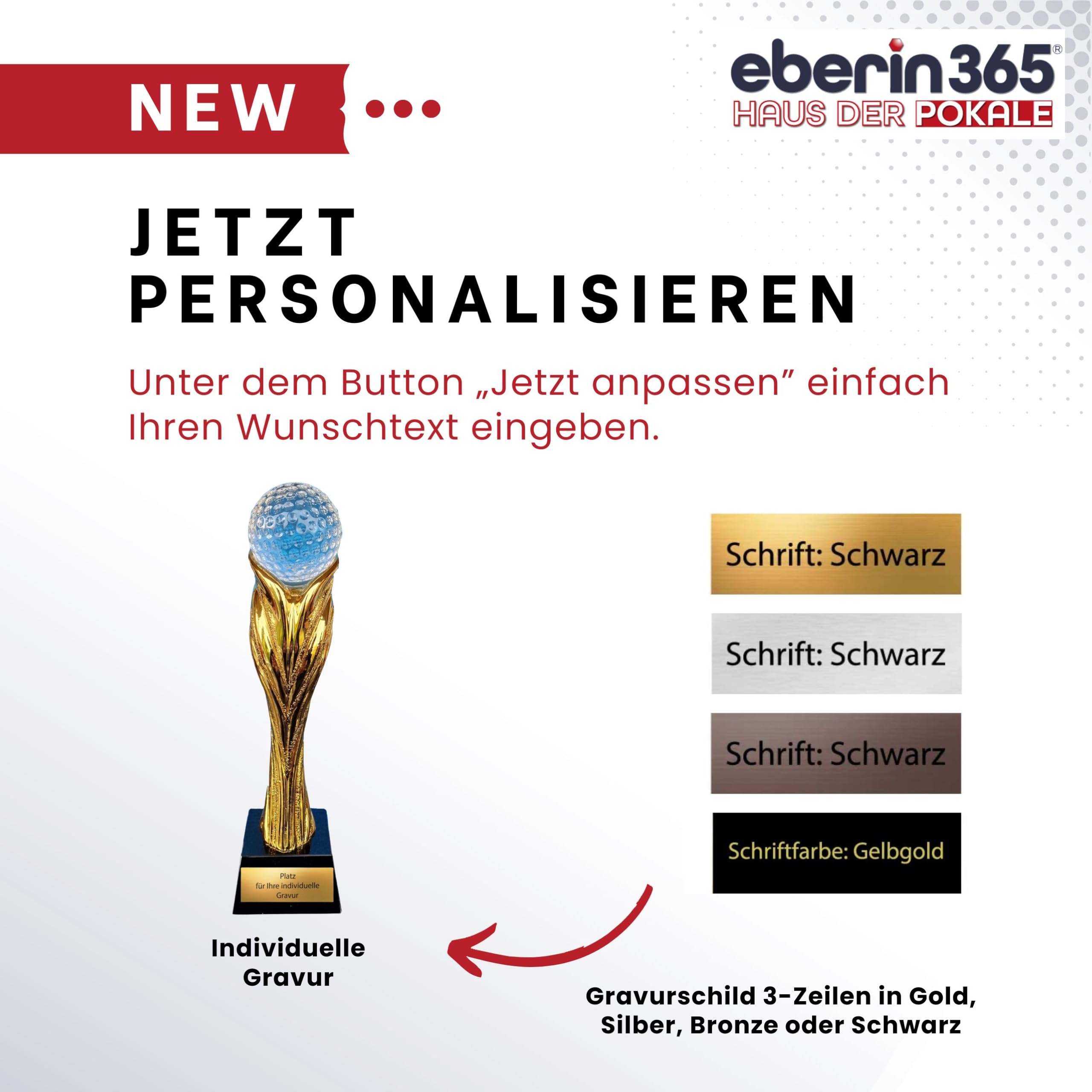 Golf Pokal 27,5 cm mit Glas Golfball auf Glassockel – edle Trophäe mit Goldener Säule aus schwerem Resin – hochwertiger Award mit Gravurschild kein Kunststoff für Turniere & Vereine