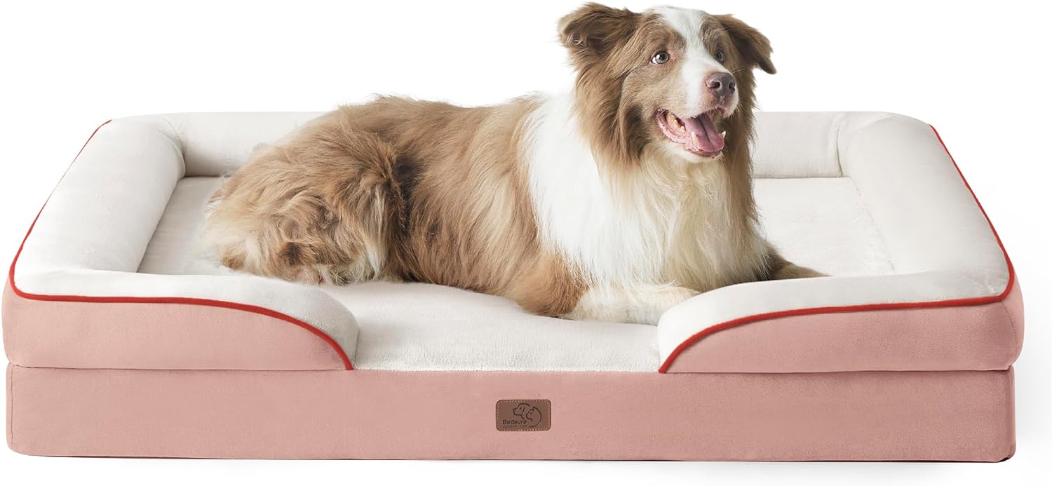 Bedsure Orthopedic Dog Bed for Large Dogs - Big Washable Dog Sofa Beds Large, Supportive Foam Pet Couch Bed with Removable Washable Cover, Waterproof Lining and Nonskid Bottom, Pink 38.0"L x 28.0"W x 6.5"Th Pink