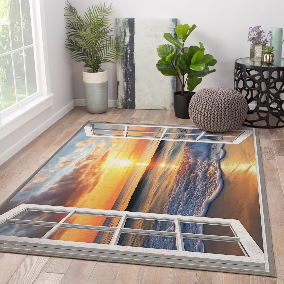 Dywan okienny 140 x 200 cm ocean plaża zachód słońca duży dywan z niskim