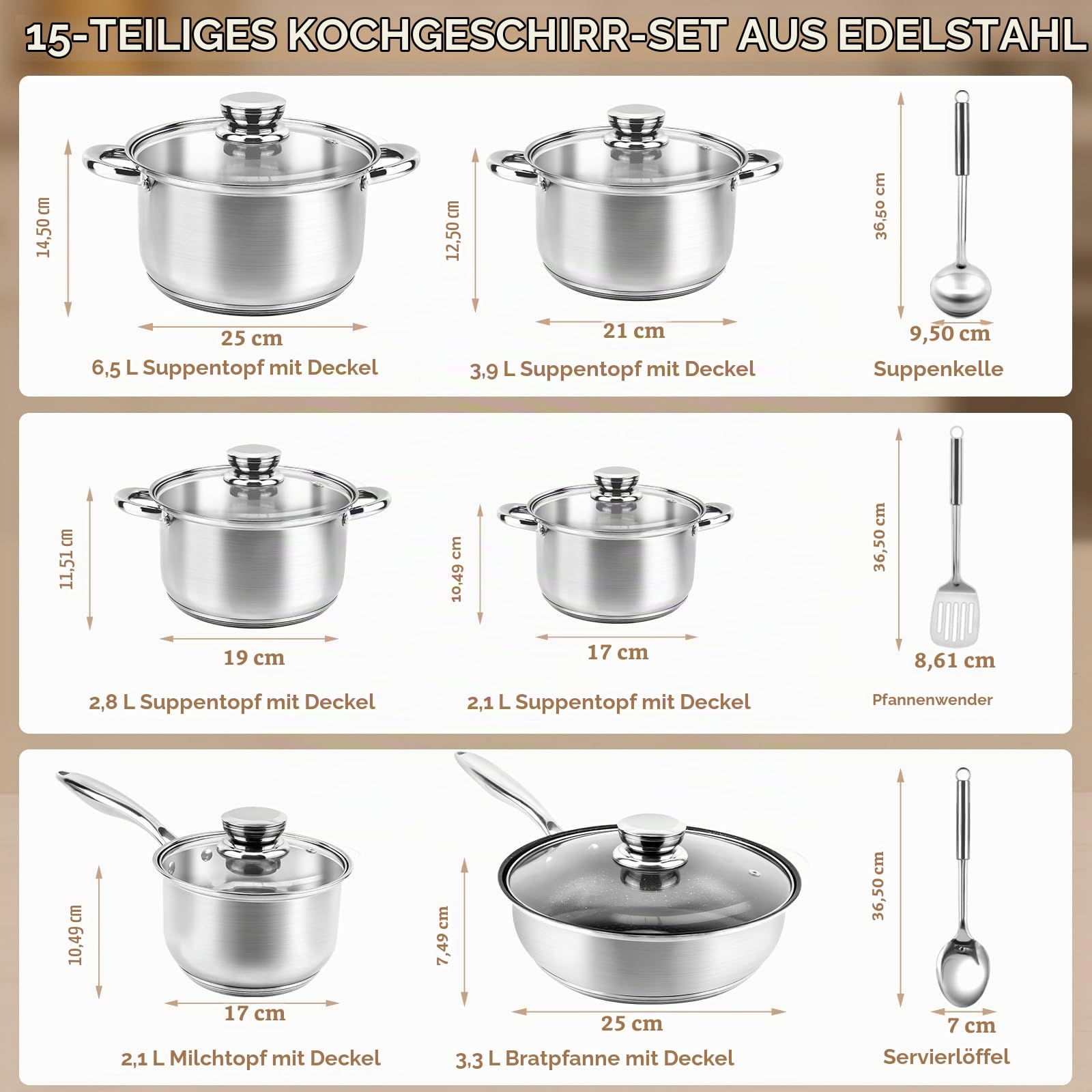 topfset induktion Edelstahl topfset pfannenset 15-teilig antihaftbeschichtet 1 Pfanne 5 Töpfe 6 Deckel 3 Küchenutensilien mit kühlhaltendem Griff Induktions- und Backofenfest Silber