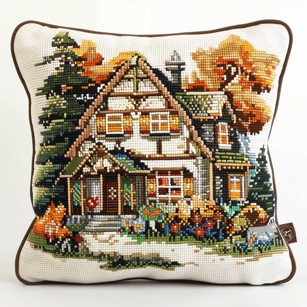 Rkflgew Hook Latch Kit Flowers And Cottage Landscape Diy Latch Hook Kits Pillow Printed Cushion Crochet Yarn Embroidery Needlework Craft Embroidery Kit 43X43cm