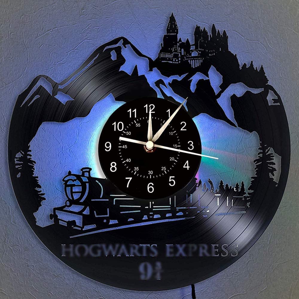 QianZhou-UkVinyl Record Wall Clock 12 Inch Vinyl CD Quartz Clock Easter Gift Harry ~P Enthusiasts to Friends Handmade Interior Home Decor Hanging Lamp 7 Colours Luminous Wall Clock (B)