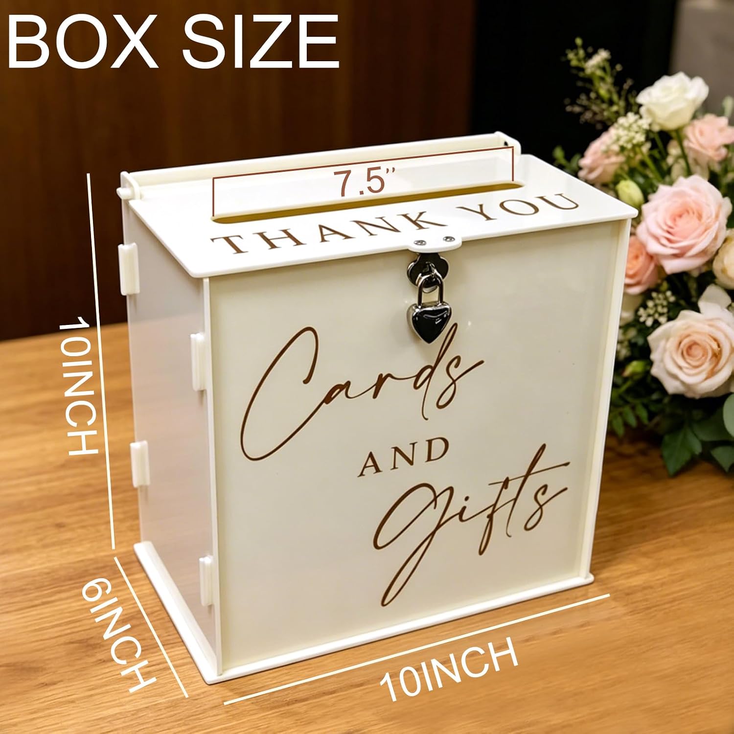 Acrylic Card Box with Lock & Slot, Warmy Cream Money Gift Card Box for Wedding Reception, Cash Envelope Box Ideal for Graduation Bridal Baby Shower Quinceanera & Baptism Party Supplies