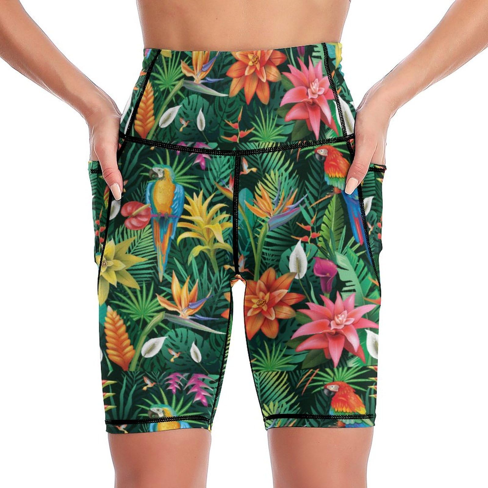 Msokazzles Women's Tropical Flowers Leaves High Waist Workout Yoga Shorts For With Pockets Tummy Control Yoga Leggings Running Gym Biker Shorts, Large