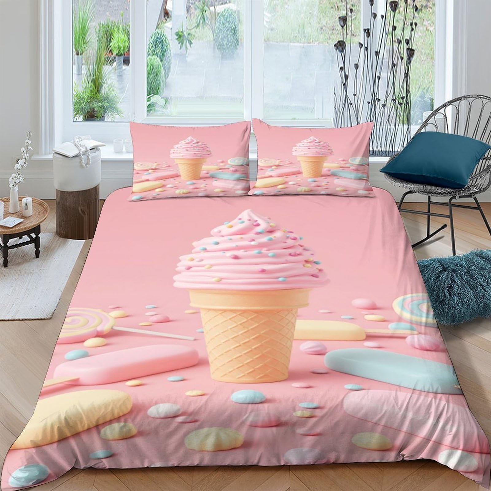 Ctjqhvkz Style-4 3D Printed Ice Cream Cone Fitted Sheet Microfiber Soft Pink Candy Bed Sheet Bedroom Dorm Decor Dustproof Single（135X200cm）
