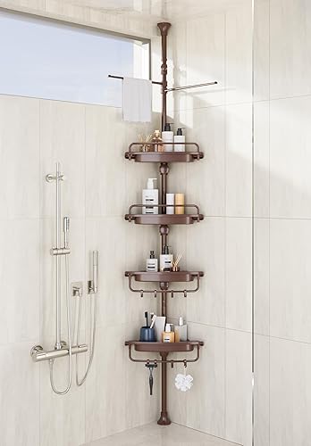 Miniatura 12 de Organizador de Ducha de Esquina con Barra de Tensión de 32 a 122 pulgadas, Todo Blanco, Estantes de Ducha Inoxidables Sin Taladro para Baño, Bañera,