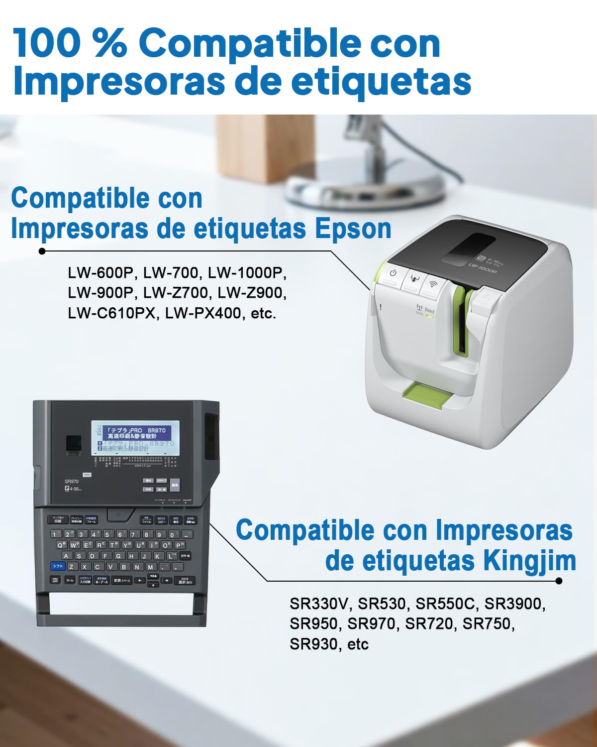 Paquete 100 Cinta Compatible Epson LK-4WBN Negro sobre Blanco 12 mm