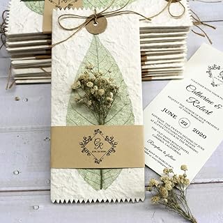 Picky Bride 25Pcs Green Leaf Wedding Invitations Personalized with Babysbreath Flower, Handmade Customized Invitations for for Wedding/Bridal Shower/Birthday Party 100 x 220mm