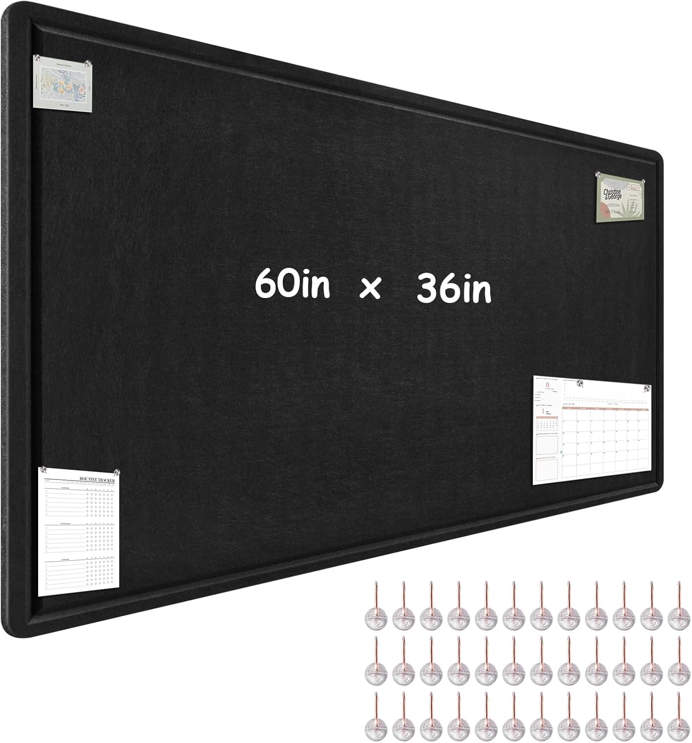 Large Bulletin Board - 72 x 48 Inches, Foldable Decorative Felt Board for Wall Photo Display Board with Self-Adhesive Tape, Includes 36 Push Pins - Black