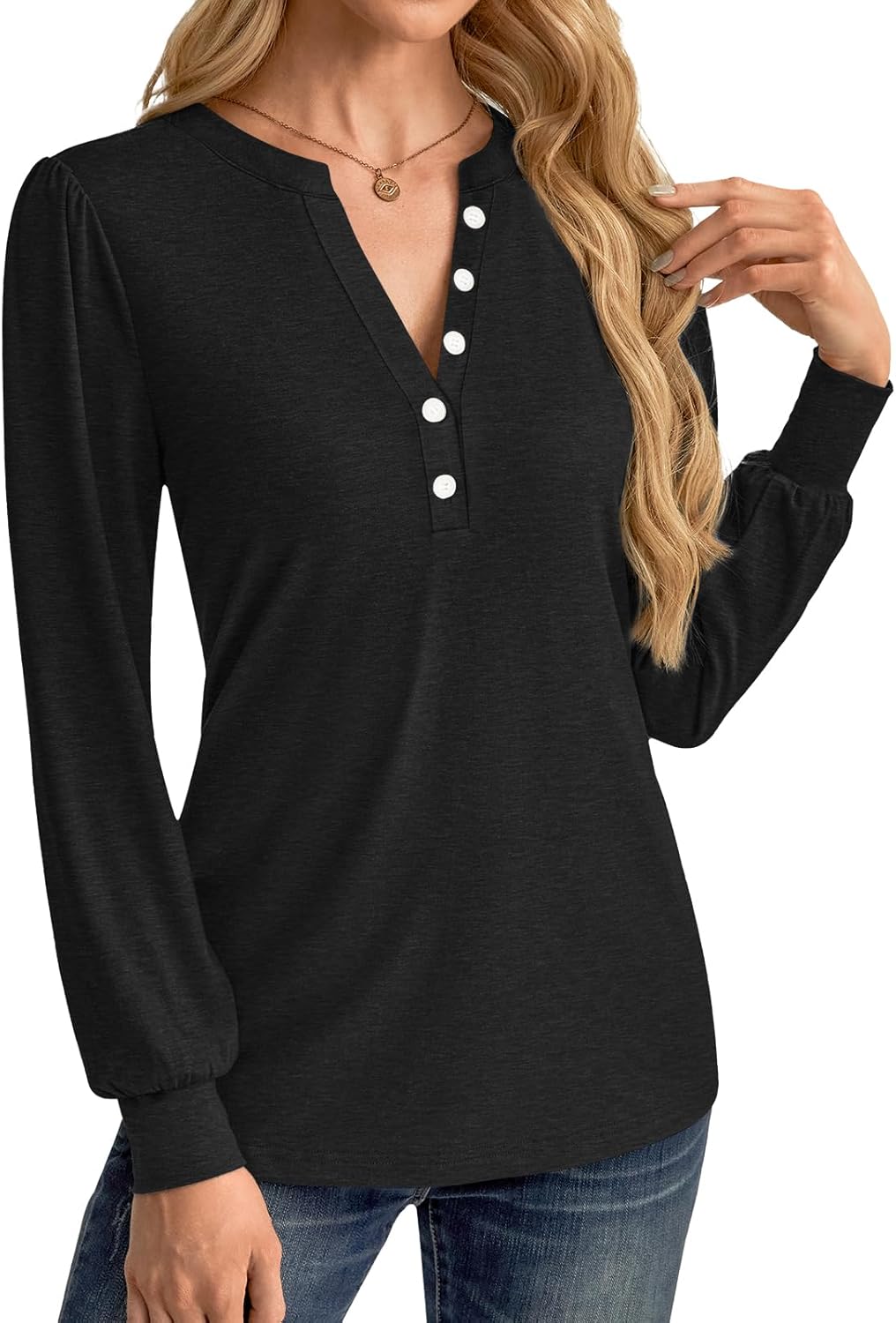 Women's Puff Long Sleeve Tunic V Neck Button Blouses Fall Tops Trendy Dressy Casual Business Henley Shirts - Image 3