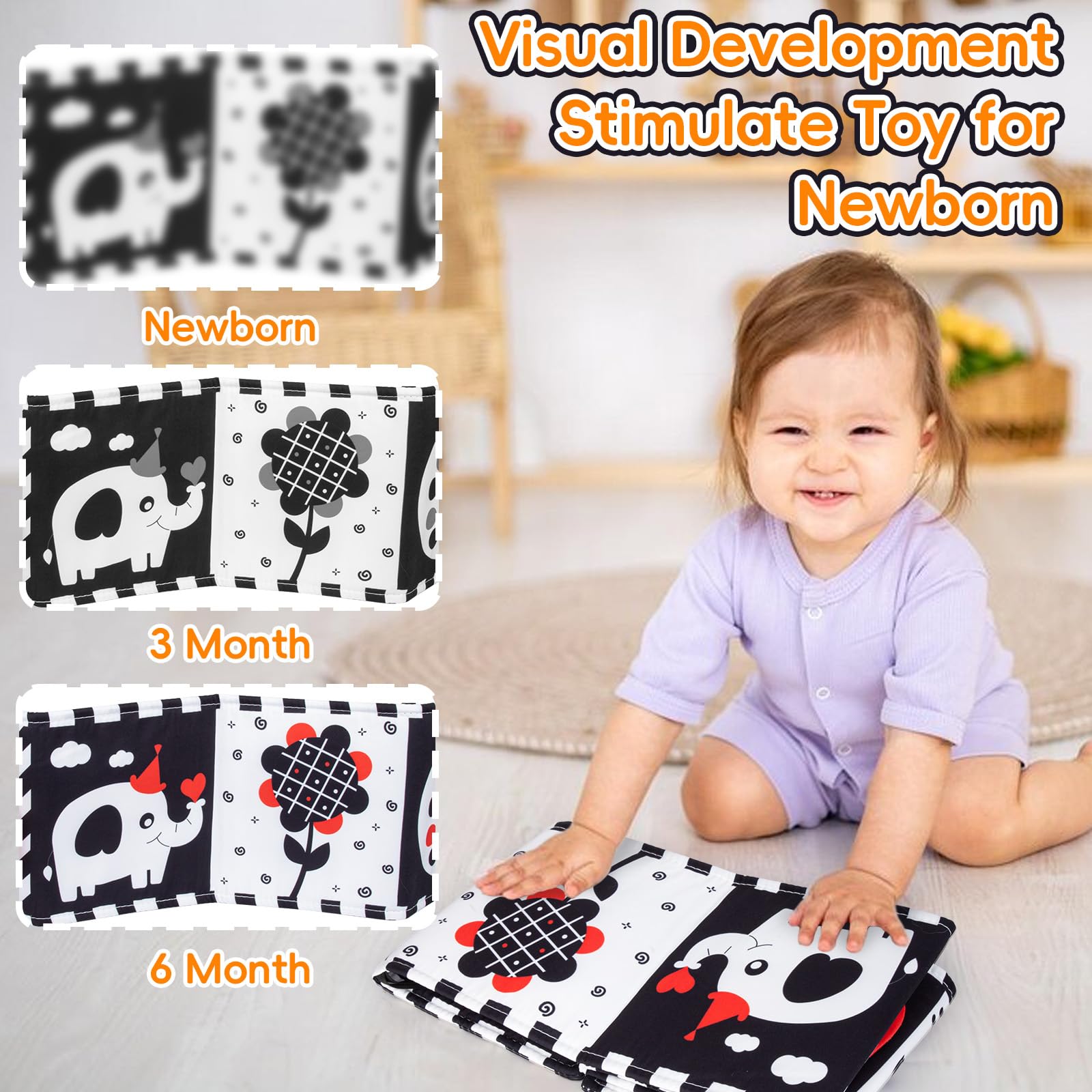 Cawgug Black and White High Contrast Baby Toys for Newborn Brain Development Tummy Time Soft Book Babies 0-3 6-12 Months Montessori Learning Activities Infant and Sensory Visual Stimulation Toys