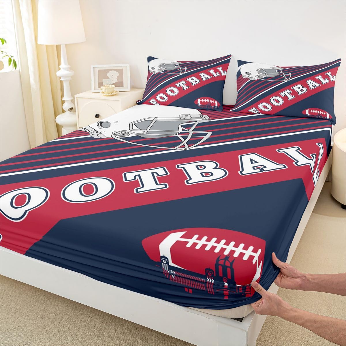 Football Themed Bedding Set Twin Size, Rugby Sports Decor Fitted Sheet Gridiron Seasonal Bed Sheets, Boys Navy Blue and Red Sheets with 1 Pillow Case