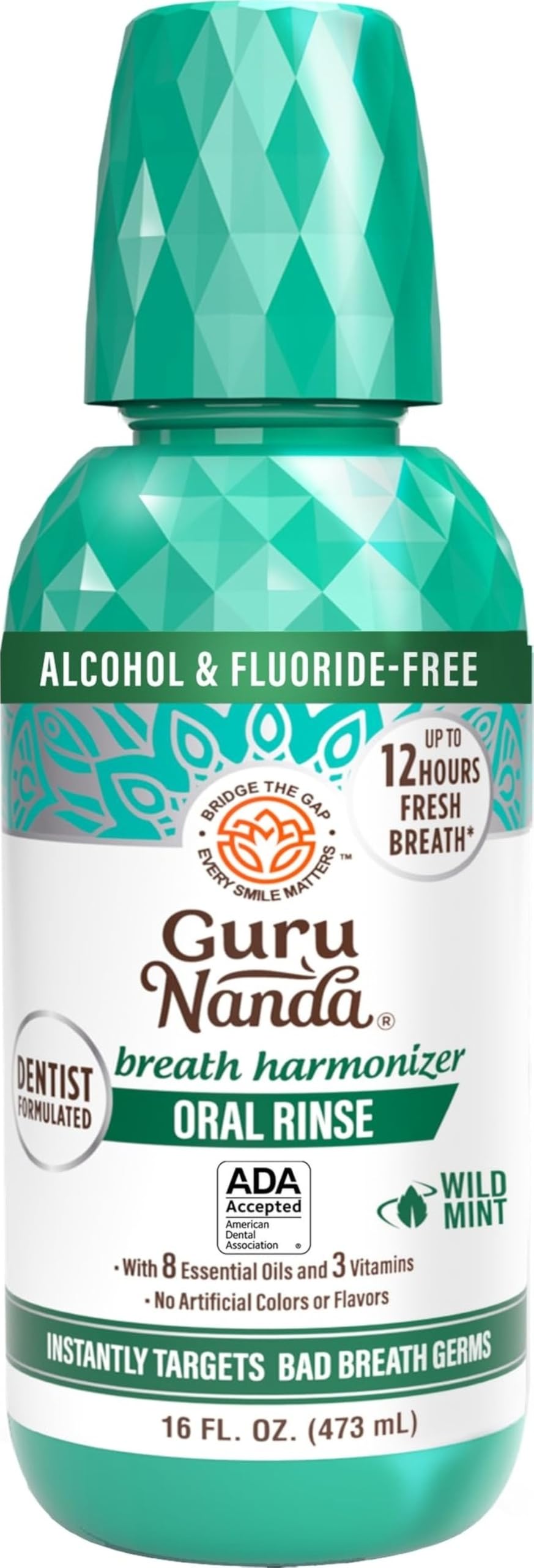 GuruNanda Enjuague bucal Oral Rinse Fresh Breath, enjuague bucal sin alcohol aceptado por la ADA, 7 aceites esenciales y vitaminas, SLS ni flúor, menta silvestre, 473 ml