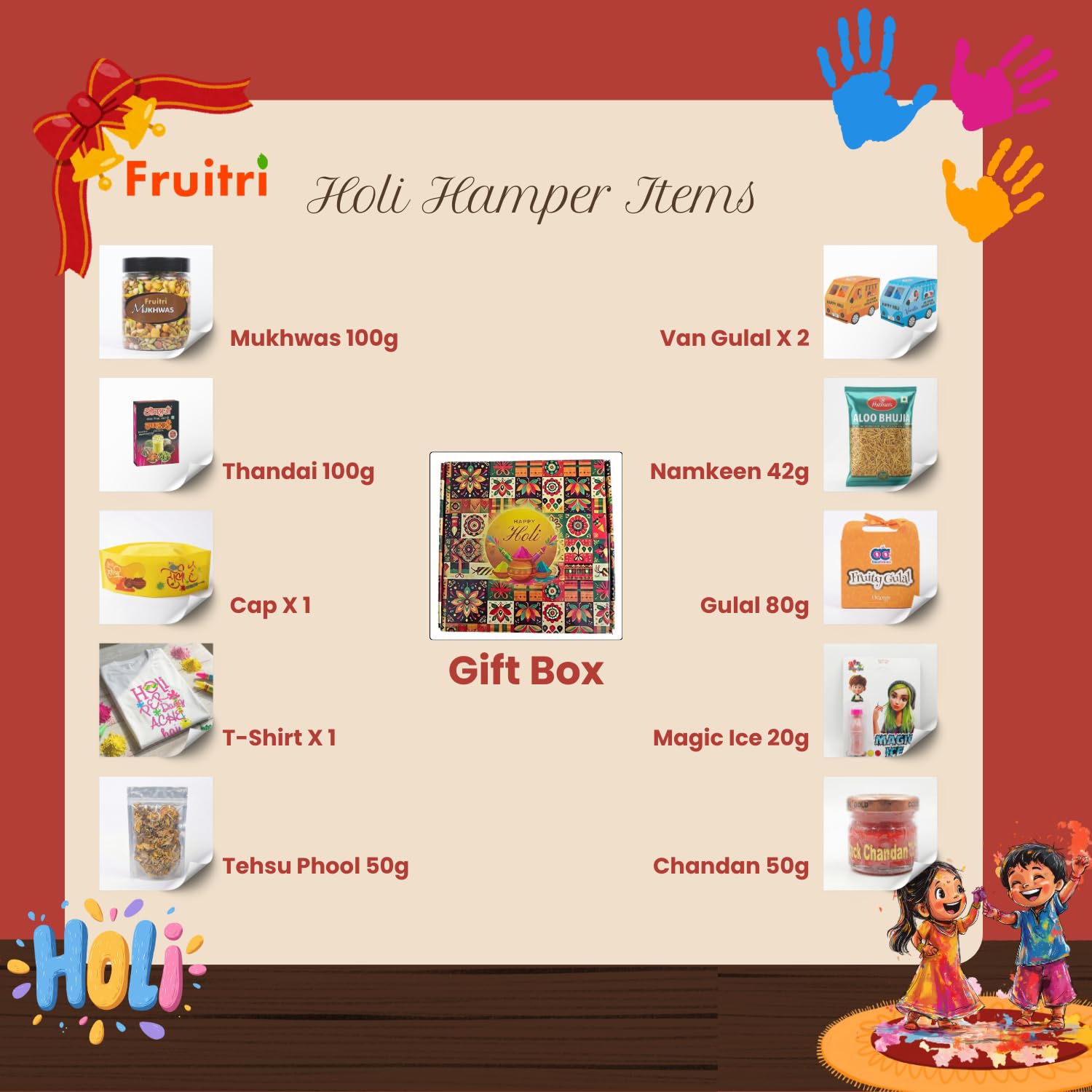 Fruitri Premium Holi Gift Hamper - 11 Item Kit with Gulal, Thandai, T-Shirt (XL) & Cap | Festive Gift Box with Magic Ice & Namkeen | Ideal Corporate Holi Gifts | Traditional Holi Gifts for Family with Greeting Card 4