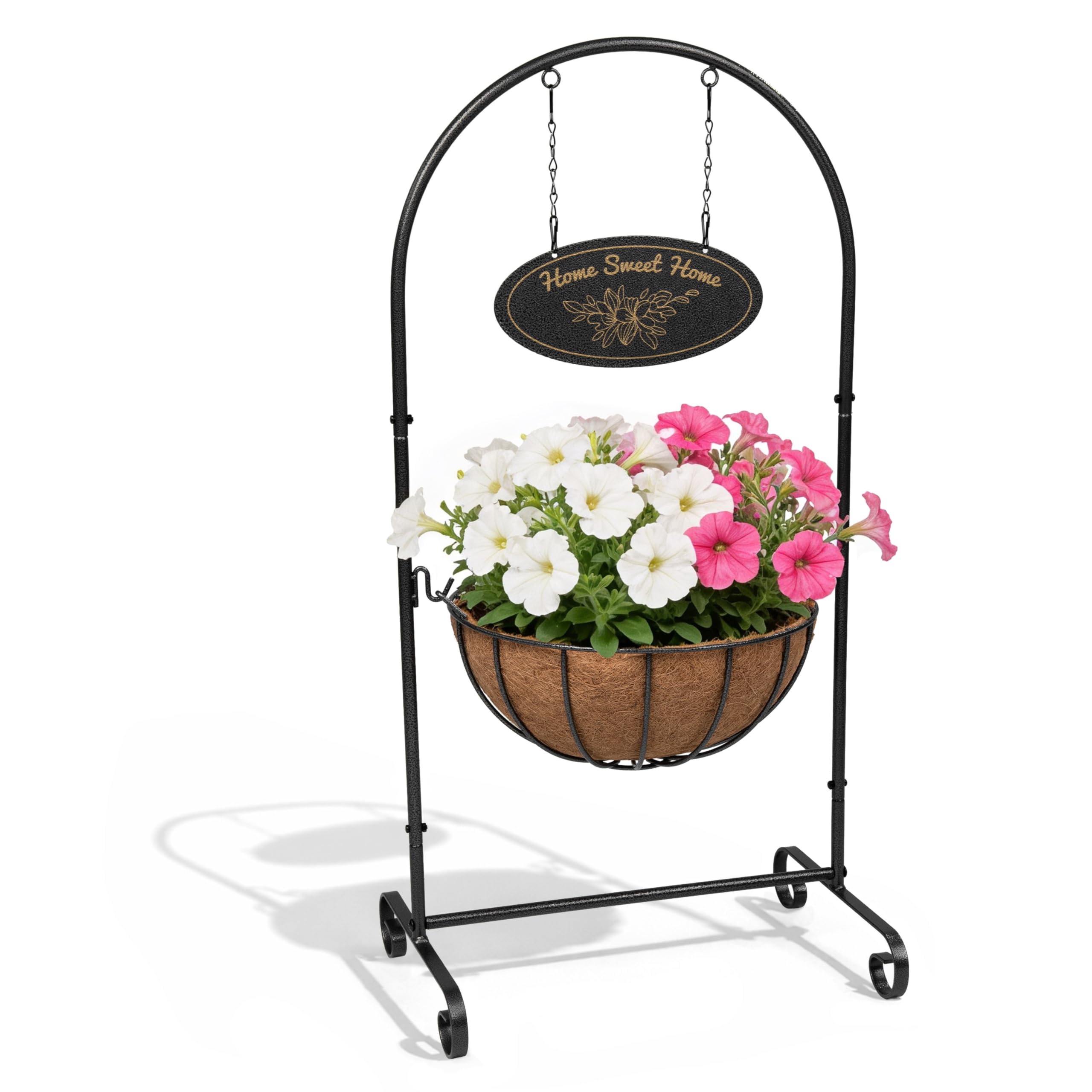 Crystals Welcome Flower Plant Planter 14in Pot Holder – Large Pre-Lined Metal Outdoor Garden Planter, Decorative Hanging Basket Style Flower Pot for Patio Porch Balcony Front Door Decor