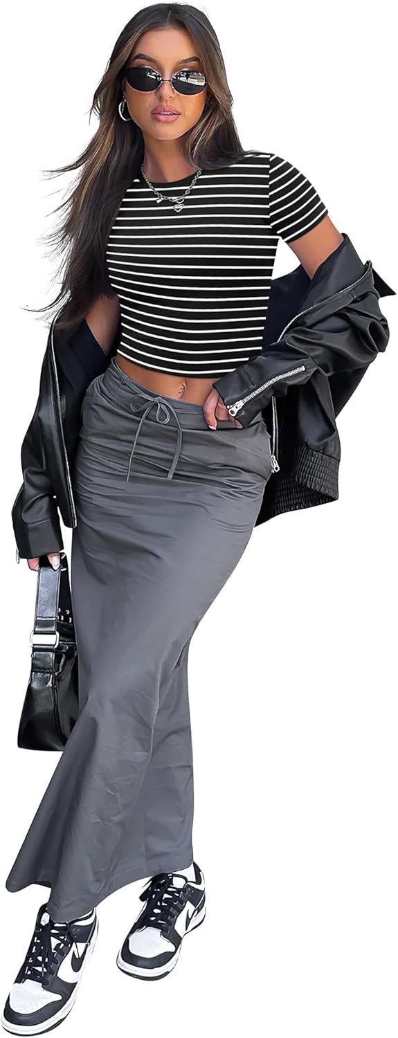 Sampeel Womens Tops Casual Summer Plain Striped T Shirts Black and White XS - Image 2