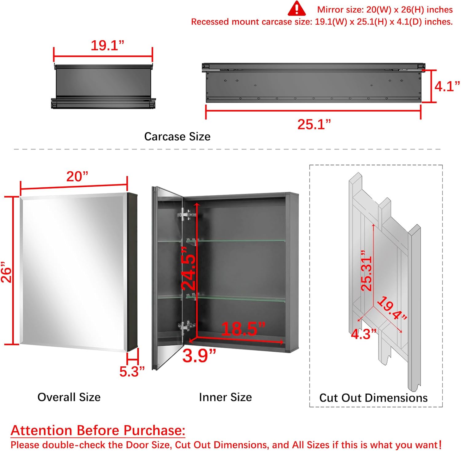 fundin medicine cabinet 20 x 26 inches mirror size, recessed or surface mount, black aluminum bathroom wall cabinet with mirror and adjustable shelves. 20“w x 26"h x 5.2"d