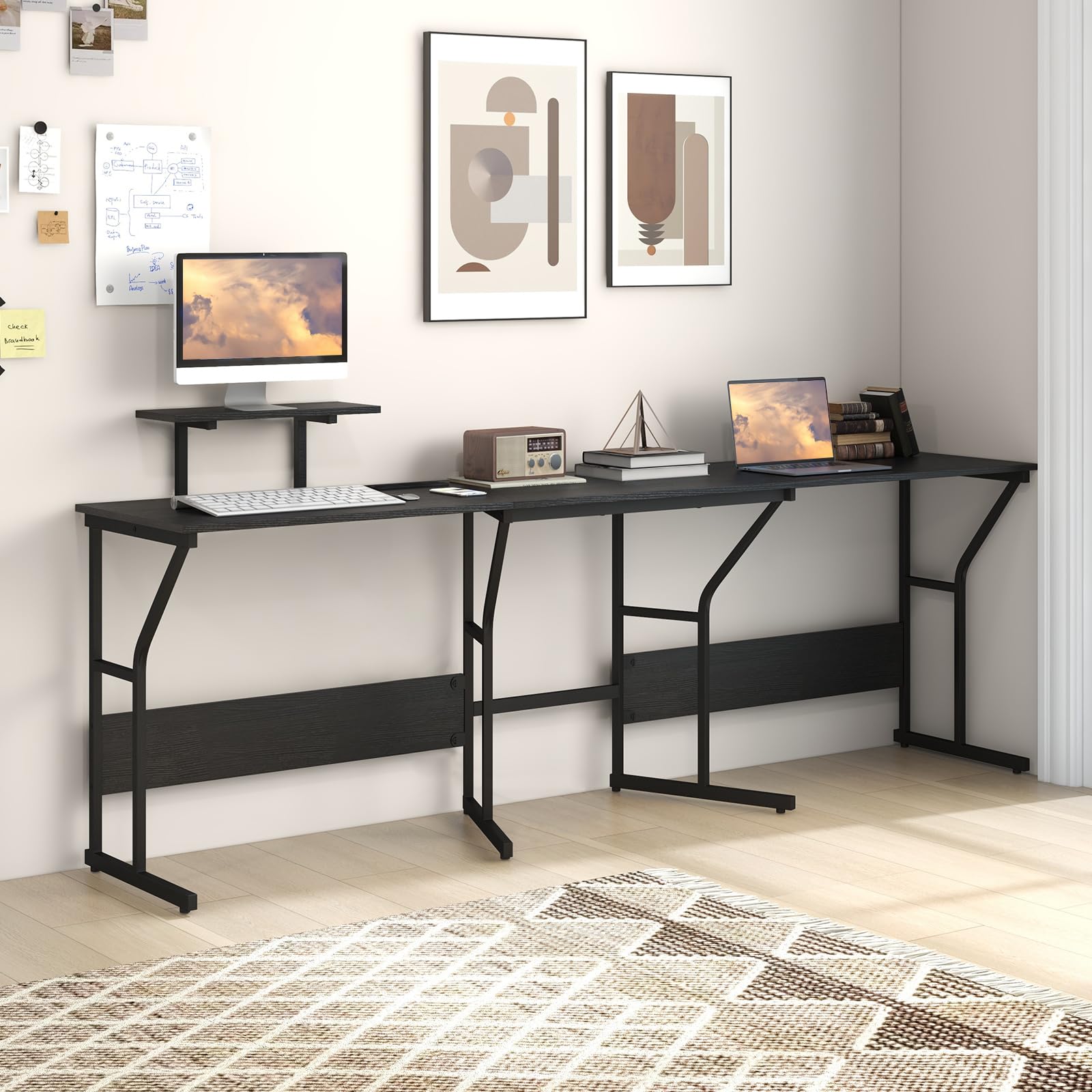 COSTWAY Scrivania ad Angolo a Forma di L con Presa Elettrica, Scrivania Angolare per Computer con Supporto Monitor Movibile, 225cm Postazione da Lavoro per 2 Persone per Lavoro e Gioco (Nero)