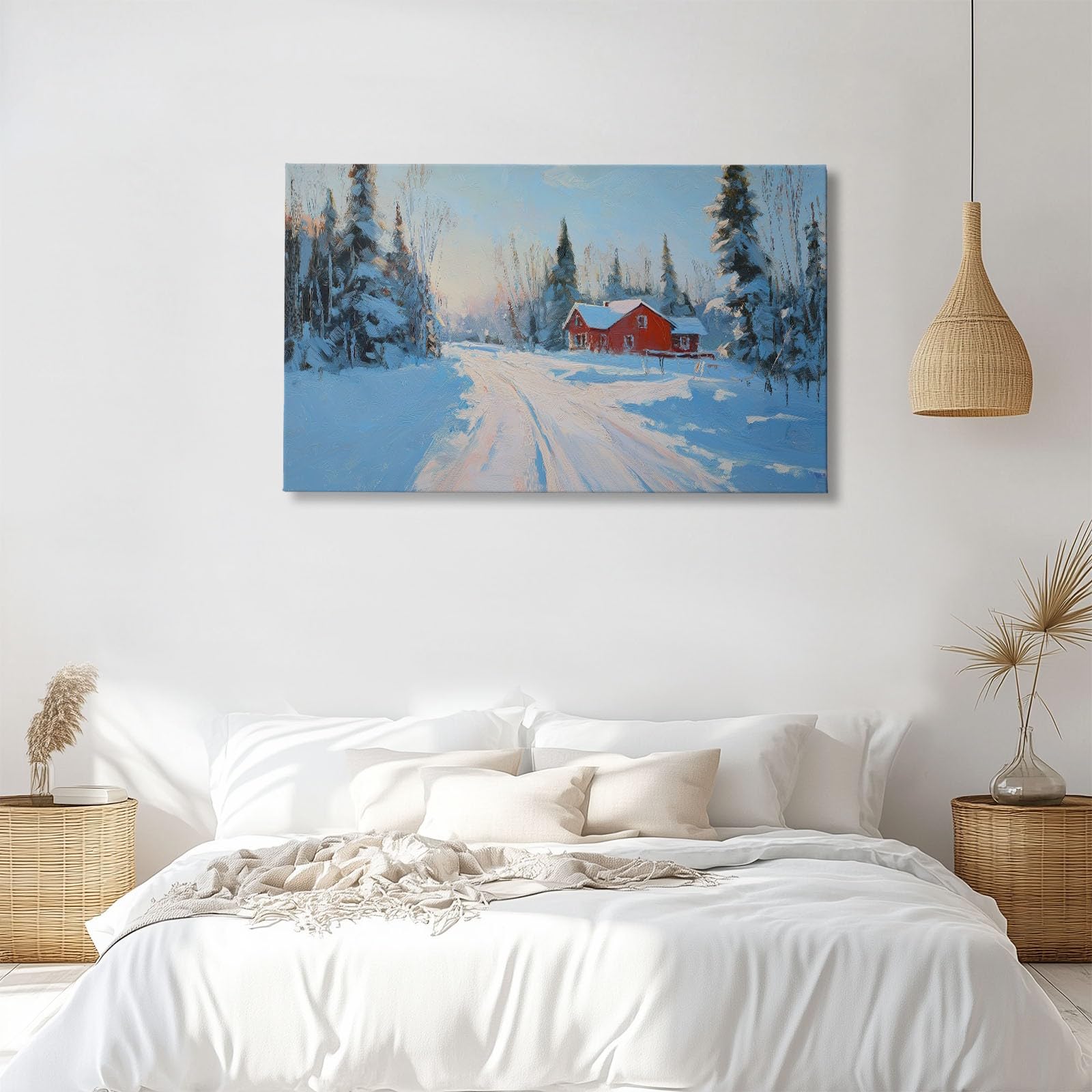 Obraz na płótnie zimowy wiejski dom las płatki śniegu z ramą wewnętrzną 120 l x 60 cm, druk w wysokiej rozdzielczości w stylu galerii naturalny krajobraz do salonu i biura - nowoczesna sztuka ścienna
