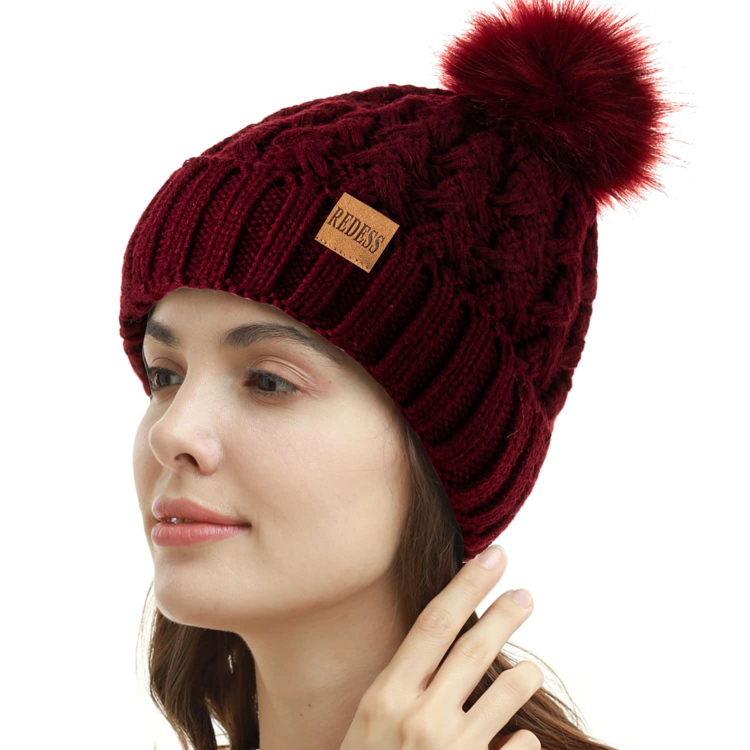 REDESS Cappello Invernale da Donna con Pompon con Pompon Cappelli Caldi Foderati in Pile, Berretto Incrociato in Maglia di Neve Spessa e Morbida per Le Signore