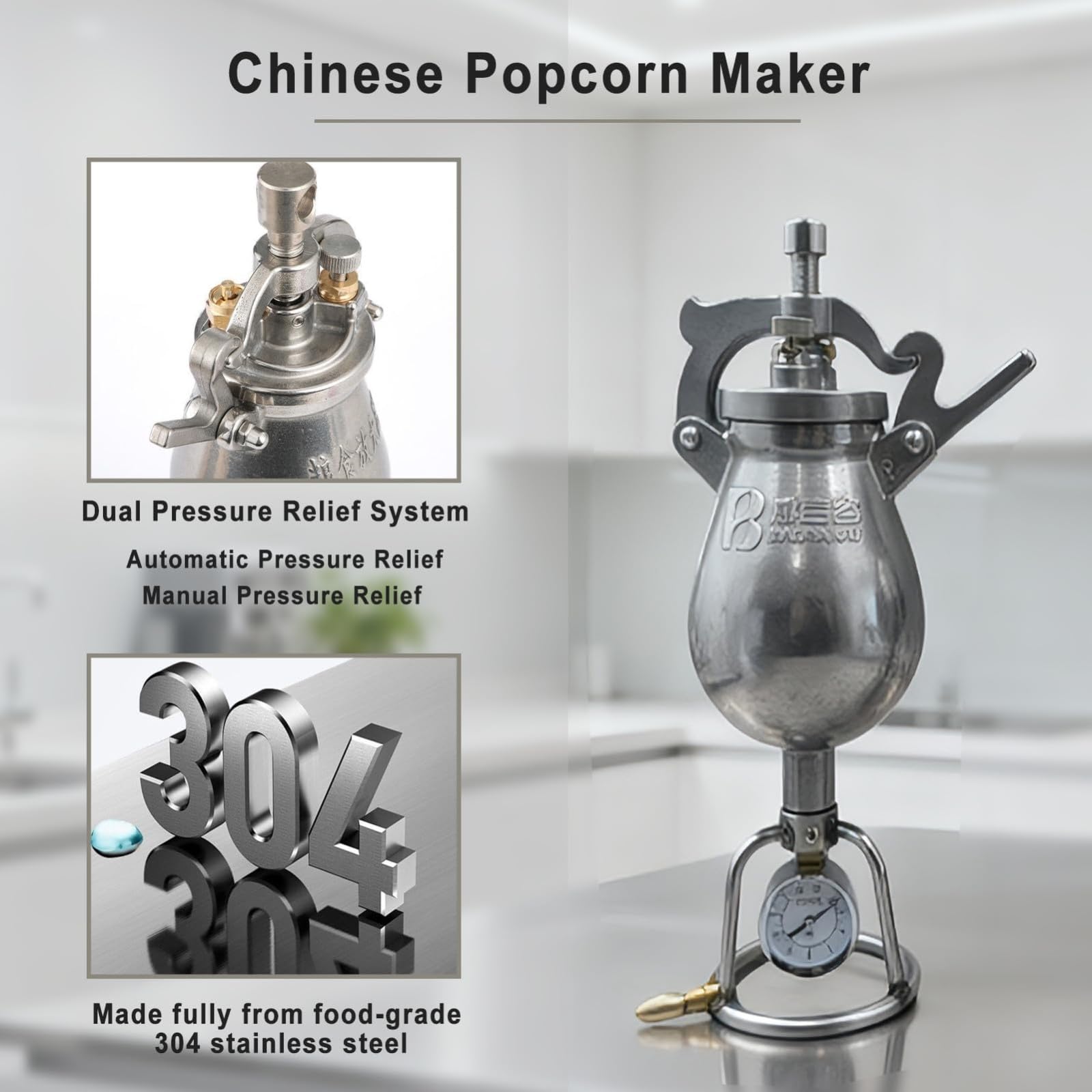 MáQuina De Palomitas MaíZ Vintage Con Mostrador, Acero Inoxidable 304, Para Hacer Palomitas MaíZ A PresióN Con Aire Caliente, Ideal Para Cine En Casa, Fiestas Y Salas Juegos(520ml)