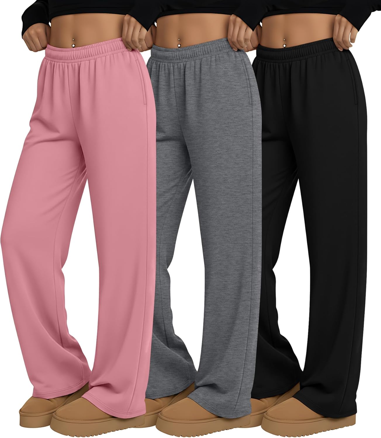 3 Pack Women's Wide Leg Sweatpants Interior Drawstring Baggy Sweatpant High Waisted Casual Jogger Pant with Pocket