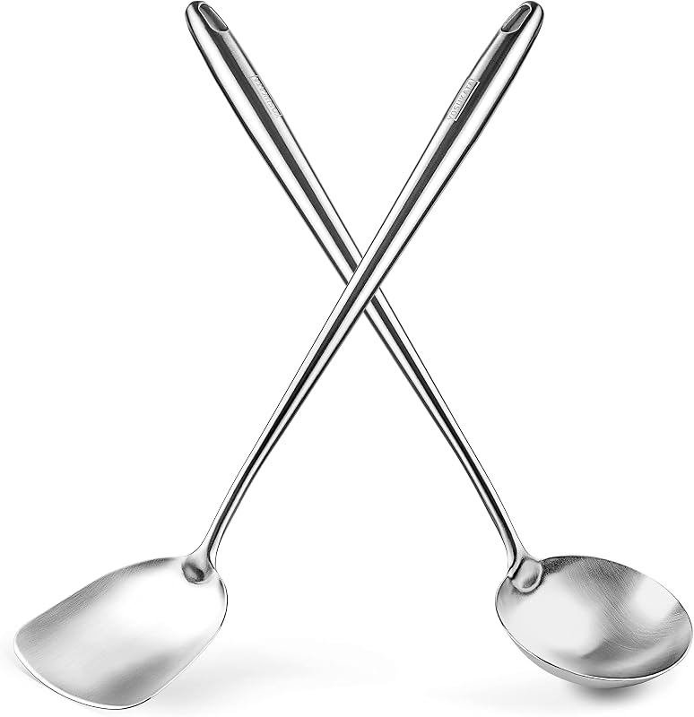 YOSUKATA 17’’ Wok Spatula and Ladle - Set of 2 Heat-Resistant Wok Tools - Universal Wok Ladle and Spatula - High-Grade 304 Stainless Steel Cooking Utensils and Wok Accessories - Solid Wok Utensils | Universal Ladle and Spatula - High-Grade 304 Stainless Steel Cooking Wok Accessories - Dishwasher Safe Solid Kitchen Utensils