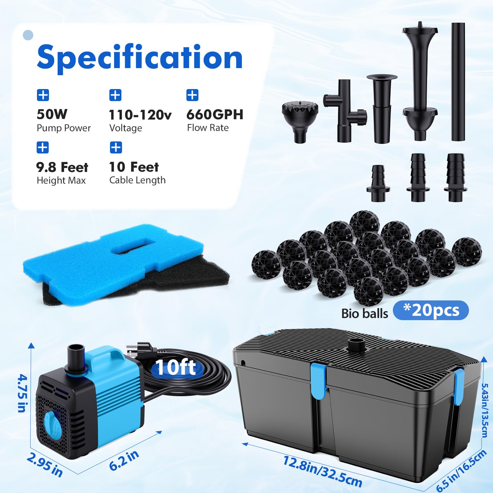 Filtro de estanque con kits de bomba para fuente, bomba de estanque de 50 W y kit de filtración con bomba de agua sumergida