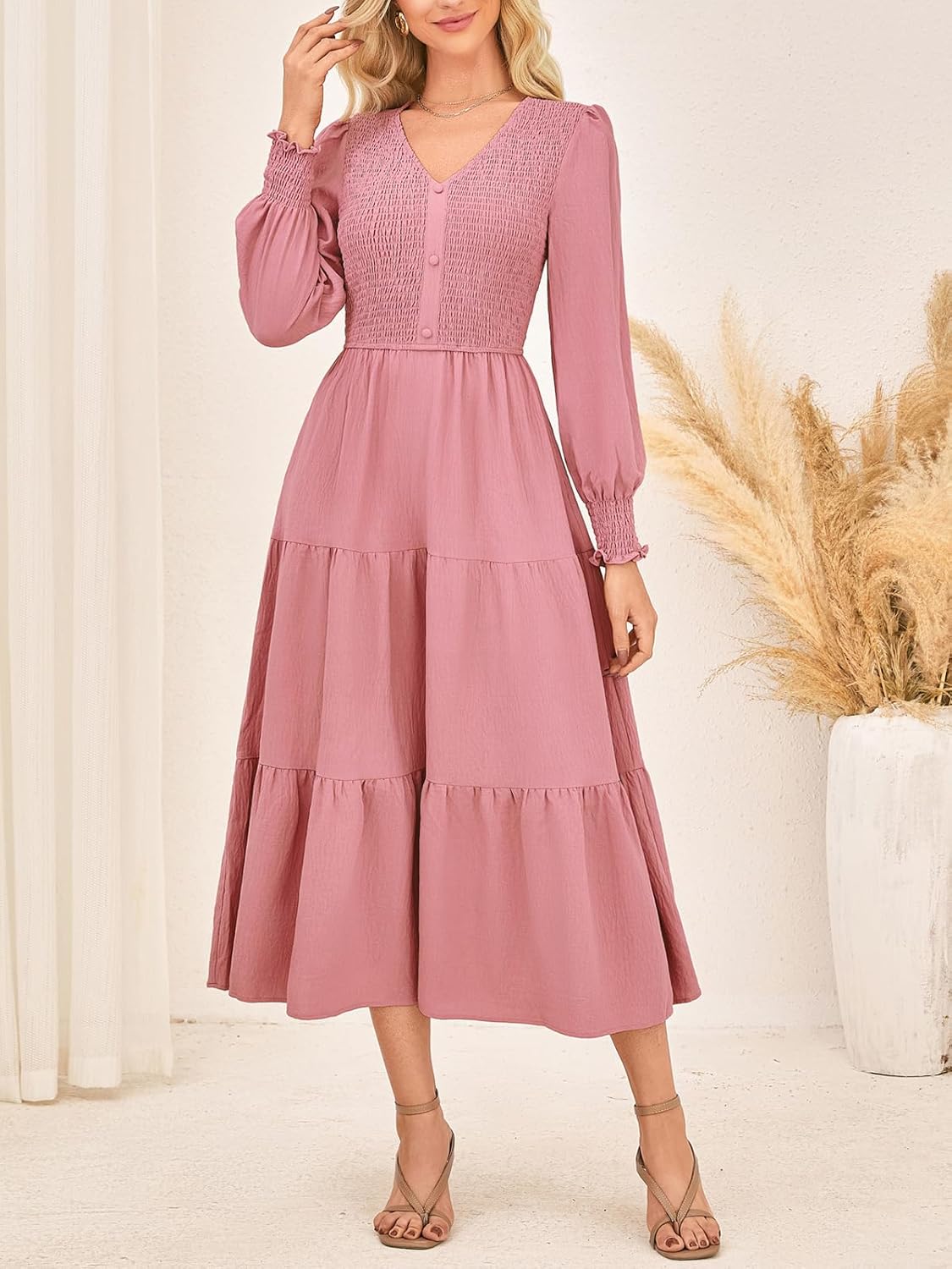 Kate Kasin Womens Long Sleeve Mixi Dress, Smocked Work Dress with Pockets, Elegant Fall Dresses 2025 - Image 3