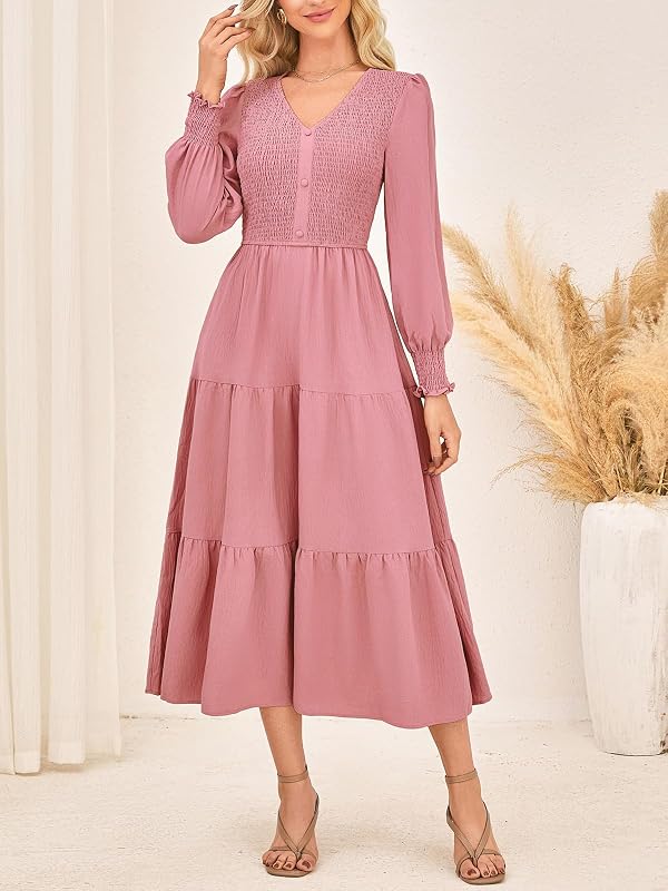 Kate Kasin Womens Long Sleeve Pink Flowy Dress, Casual Fall Midi Work Dresses, Elegant V Neck Modest Chruch Dress 2025 by Kate Kasin - Used condition - Image 3